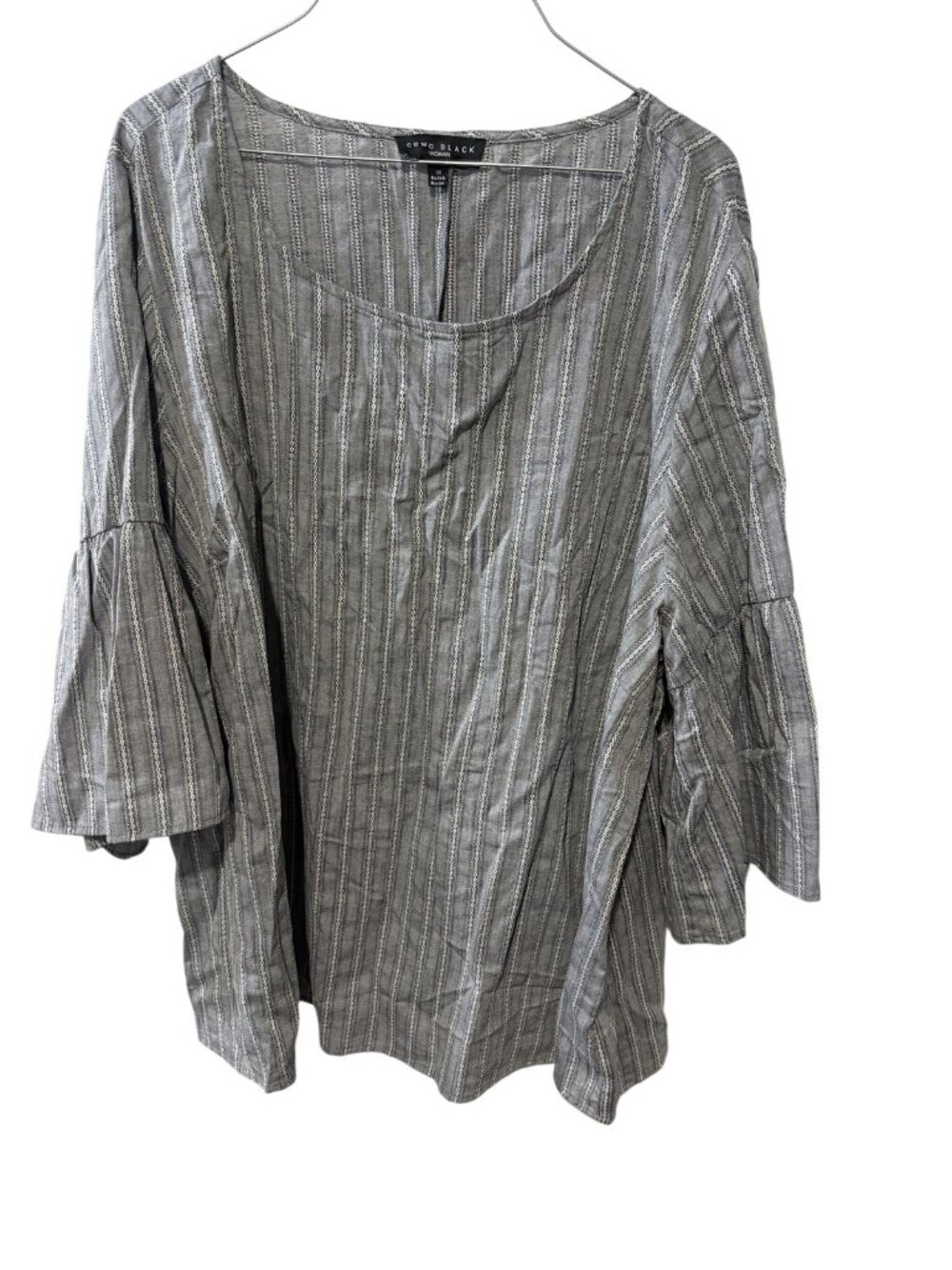 COMO BLACK Size 3X Gray Striped Bell Sleeve Blouse Scoop Neck